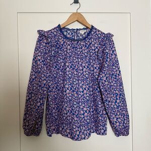 J Crew Top Women Sz M Blue Purple Floral Ruffle Shoulder Long Sleeve Cottagecore